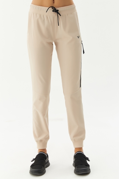 Kadın Krem Dokuma İnce, Lastik Paça, Fermuarlı Yan Cep Eşofman Altı | 3527 - BİLCEE