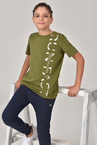 BİLCEE - Yeşil Unisex Çocuk Bisiklet Yaka Yazı Baskılı T-Shirt 1473