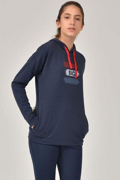 BİLCEE - Lacivert Kız Çocuk Kapüşonlu Kanguru Cepli Sweatshirt 1485