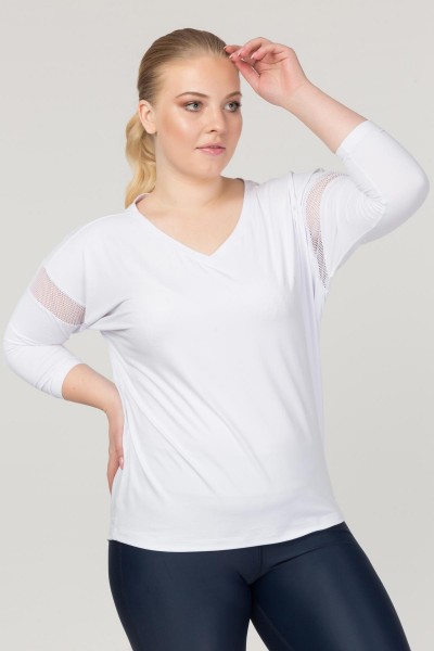 BİLCEE - Beyaz Kadın V Yaka File Detaylı Uzun Kollu Büyük Beden T- Shirt 1769