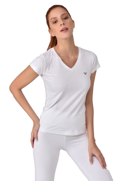 BİLCEE - Beyaz Kadın V Yaka Kısa Kollu T-Shirt 8087