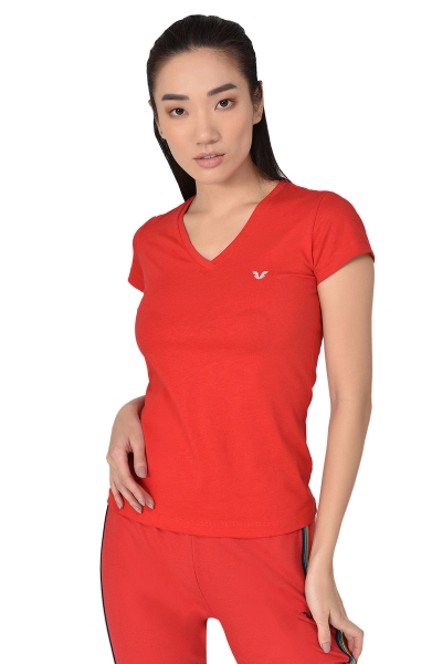 BİLCEE - Kırmızı Kadın V Yaka Kısa Kollu T-Shirt 8087