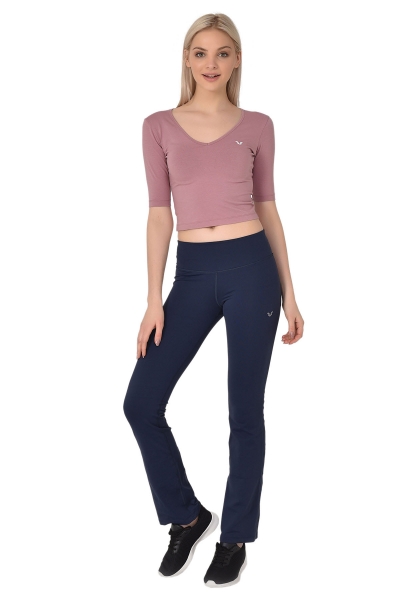 BİLCEE - Kadın Pudra V Yaka Sırt Detaylı Yarım Kol Pamuklu Yoga Tişört 8105 (1)