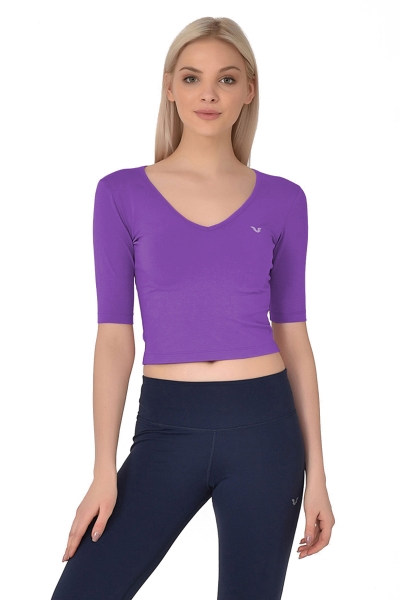 BİLCEE - Mor Kadın V Yaka Sırt Detaylı Yarım Kol Pamuklu Yoga T-Shirt 8105