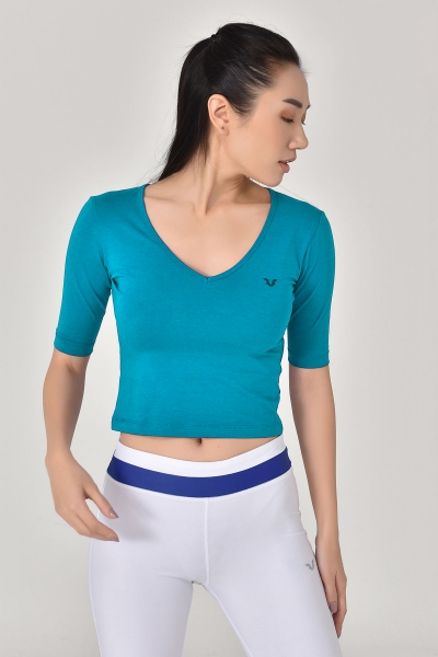 BİLCEE - Mavi Kadın V Yaka Sırt Detaylı Yarım Kol Pamuklu Yoga T-Shirt 8105