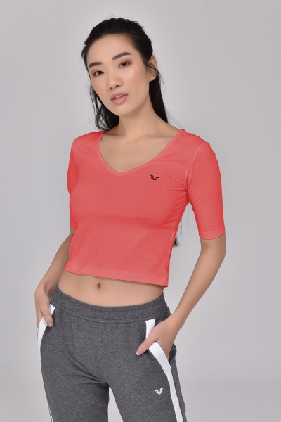 BİLCEE - Pembe Kadın V Yaka Sırt Detaylı Yarım Kol Pamuklu Yoga T-Shirt 8105