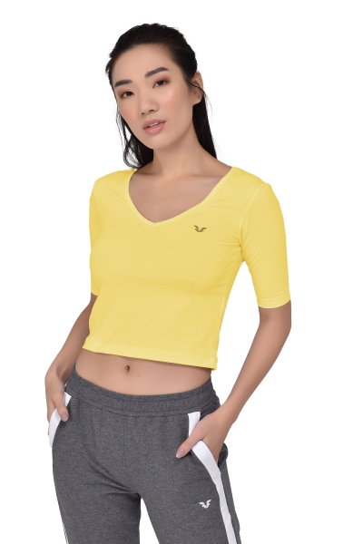 BİLCEE - Sarı Kadın V Yaka Sırt Detaylı Yarım Kol Pamuklu Yoga T-Shirt 8105