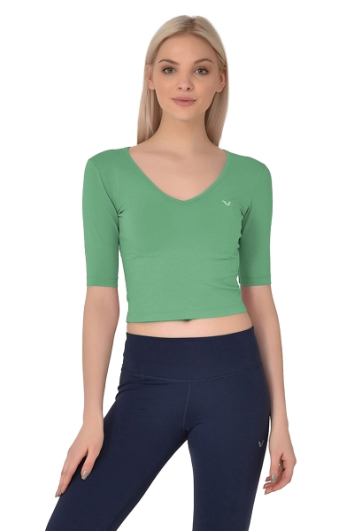 BİLCEE - Yeşil Kadın V Yaka Sırt Detaylı Yarım Kol Pamuklu Yoga T-Shirt 8105