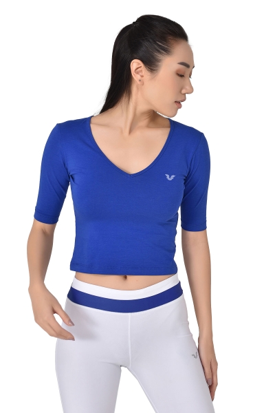 BİLCEE - K.Mavi Kadın V Yaka Sırt Detaylı Yarım Kol Pamuklu Yoga T-Shirt 8105