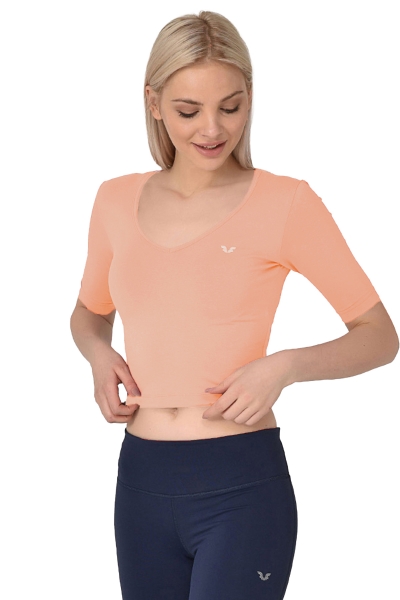 BİLCEE - A Turuncu Kadın V Yaka Sırt Detaylı Yarım Kol Pamuklu Yoga T-Shirt 8105