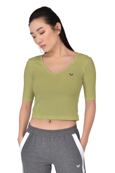 BİLCEE - A Yeşil Kadın V Yaka Sırt Detaylı Yarım Kol Pamuklu Yoga T-Shirt 8105