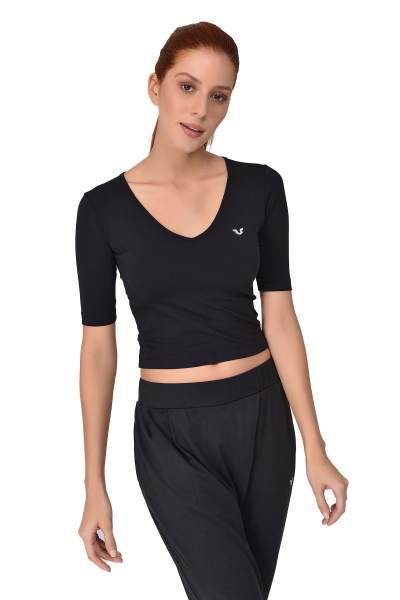 BİLCEE - Siyah Kadın V Yaka Sırt Detaylı Yarım Kol Pamuklu Yoga T-Shirt 8105