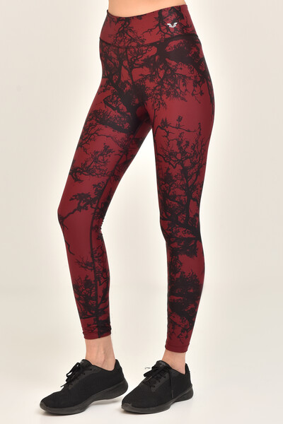 Kadın Bordo Yüksek Bel Desenli Esnek ve Toparlayıcı Spor Tayt 8121 - BİLCEE