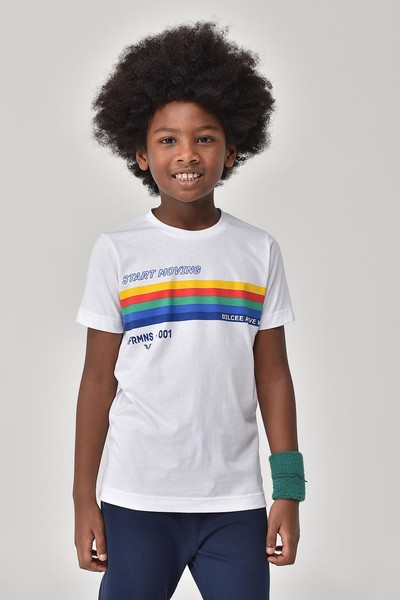 BİLCEE - Beyaz Unisex Çocuk Bisiklet Yaka T-Shirt 8145