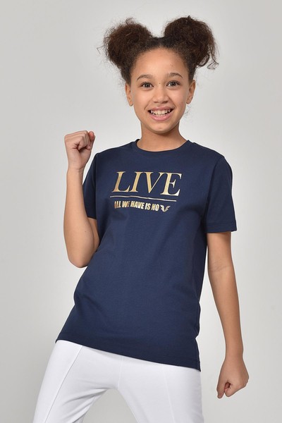 BİLCEE - Lacivert Kız Çocuk Bisiklet Yaka Yazı Baskılı T-Shirt 8151