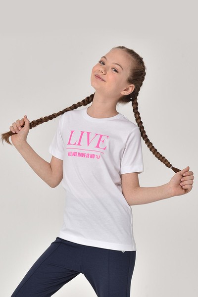 BİLCEE - Beyaz Kız Çocuk Bisiklet Yaka Yazı Baskılı T-Shirt 8151