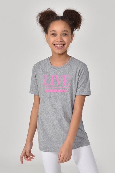 BİLCEE - Antrasit Kız Çocuk Bisiklet Yaka Yazı Baskılı T-Shirt 8151
