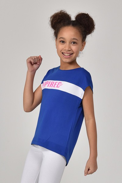 BİLCEE - Mavi Kız Çocuk Bisiklet Yaka YazI Baskılı T-Shirt 8157