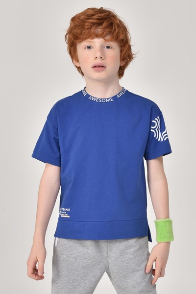 BİLCEE - Mavi Unisex Çocuk Bisiklet Yaka T-Shirt 8179