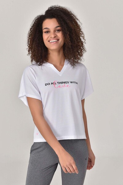 BİLCEE - Beyaz Kadın Kapüşonlu Kısa Kollu T-Shirt 8607