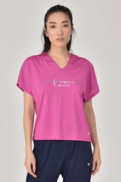 BİLCEE - Pembe Kadın Kapüşonlu Kısa Kollu T-Shirt 8607