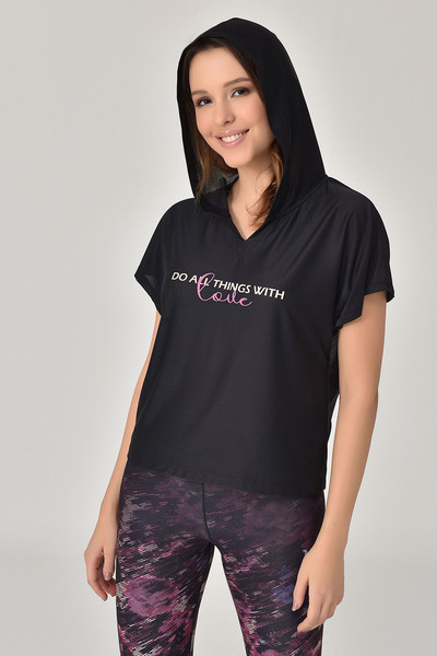 BİLCEE - Siyah Kadın Kapüşonlu Kısa Kollu T-Shirt 8607