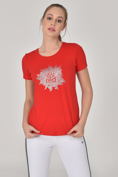 BİLCEE - Kırmızı Kadın Bisiklet Yaka Yazı Baskılı Pamuklu T-shirt 8613