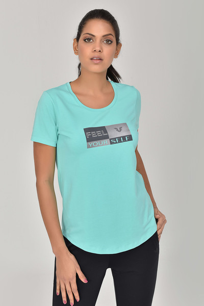 BİLCEE - Turkuaz Kadın Bisiklet Yaka Kısa Kollu Yazı Baskılı Pamuklu T-shirt 8614