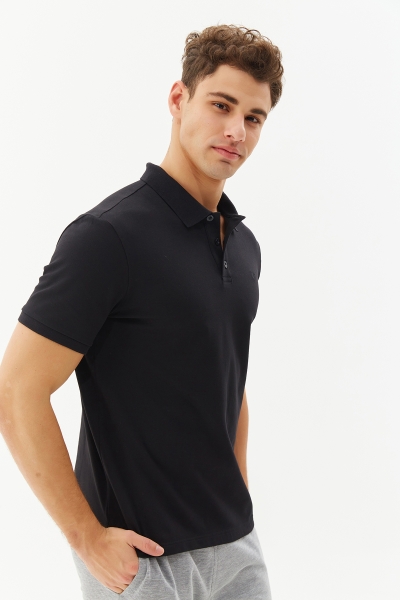 Erkek Siyah Likralı Pamuklu Spor ve Günlük Basic Düğmeli Polo Yaka Tişört 8982 - BİLCEE (1)