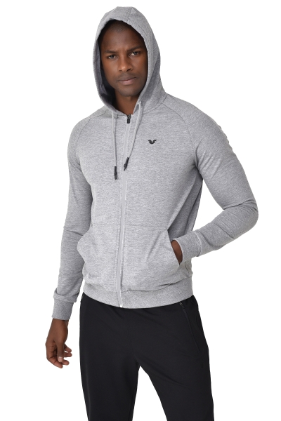 BİLCEE - Erkek Gri Kapüşonlu Fermuarlı Kanguru Cepli Sweatshirt 9336 (1)