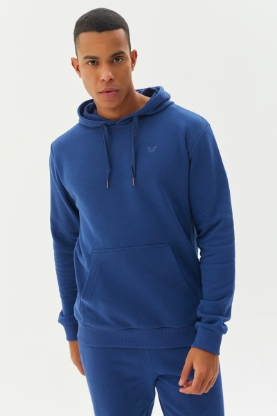 BİLCEE - Erkek Mavi Kapüşonlu Kanguru Cepli Pamuklu Sweatshirt 8755