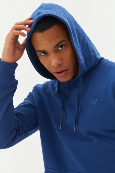 BİLCEE - Erkek Mavi Kapüşonlu Kanguru Cepli Pamuklu Sweatshirt 8755 (1)