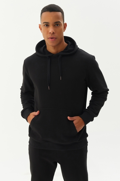 BİLCEE - Erkek Siyah Kapüşonlu Kanguru Cepli Pamuklu Sweatshirt 8755