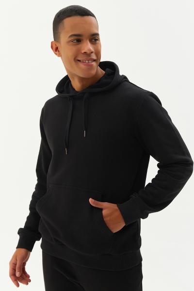 BİLCEE - Erkek Siyah Kapüşonlu Kanguru Cepli Pamuklu Sweatshirt 8755 (1)