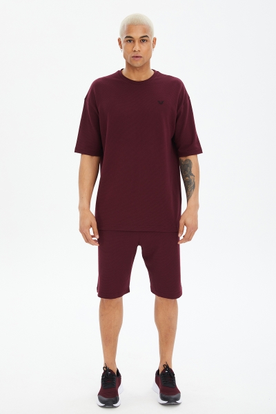 Erkek Bordo Yumuşak Dokulu Owersize Bisiklet Yaka Spor Tişört Şort Takım | 0690 - BİLCEE