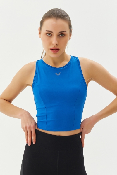 Kadın Koyu Mavi Bisiklet Yaka Toparlayıcı Destekli Spor ve Günlük Destekli Crop Top Body Bra | 9209 - BİLCEE