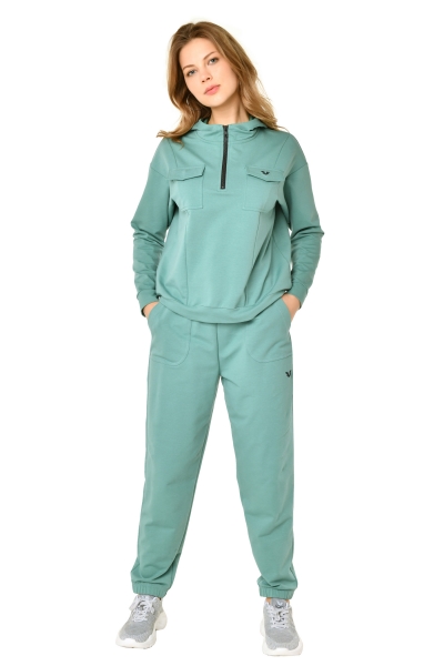 BİLCEE - Kadın Yeşil Kapüşonlu Oversize Cep Detaylı Pamuklu Eşofman Takımı 8728