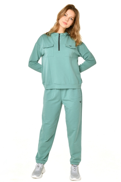 BİLCEE - Kadın Yeşil Kapüşonlu Oversize Cep Detaylı Pamuklu Eşofman Takımı 8728 (1)