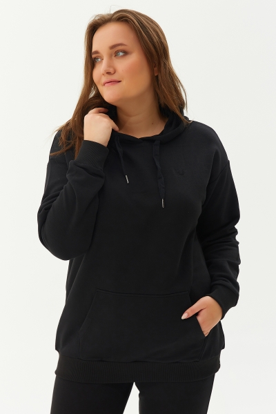 BİLCEE - Kadın Siyah Kapüşonlu Kanguru Cepli Pamuklu Sweatshirt 8785 (1)