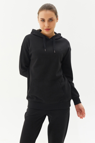 BİLCEE - Kadın Siyah Kapüşonlu Kanguru Cepli Pamuklu Sweatshirt 8785