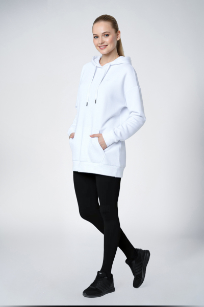 Beyaz Kadın Kapüşonlu Kanguru Cepli Pamuklu Spor Düz Sweatshirt | 8785 - BİLCEE (1)