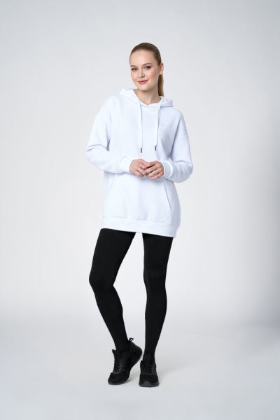 Beyaz Kadın Kapüşonlu Kanguru Cepli Pamuklu Spor Düz Sweatshirt | 8785 - BİLCEE