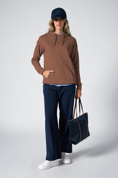 Kadın Toprak Kapüşonlu Kanguru Cepli Pamuklu Spor Düz Sweatshirt | 8785 - BİLCEE (1)