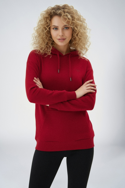 Kadın Bordo Kapüşonlu Kanguru Cepli Pamuklu Spor Düz Sweatshirt | 8785 - BİLCEE