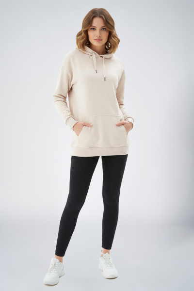 Kadın Krem Kapüşonlu Kanguru Cepli Pamuklu Spor Düz Sweatshirt | 8785 - BİLCEE (1)