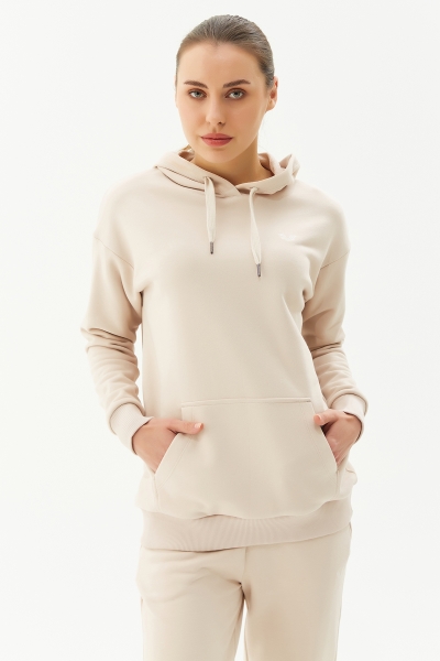 BİLCEE - Kadın Krem Kapüşonlu Kanguru Cepli Pamuklu Sweatshirt 8785