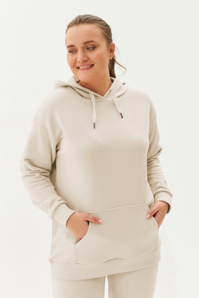 BİLCEE - Kadın Krem Kapüşonlu Kanguru Cepli Pamuklu Sweatshirt 8785 (1)
