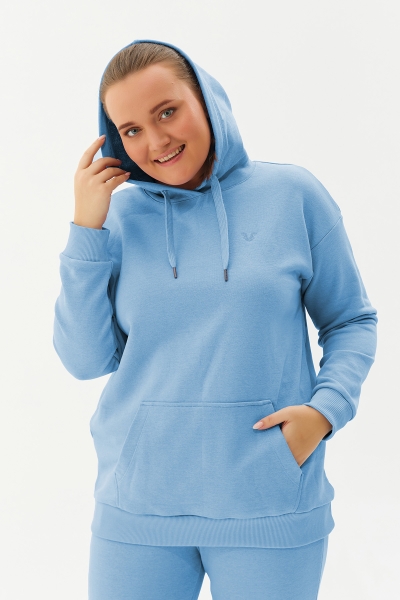 Kadın Koyu Mavi Kapüşonlu Kanguru Cepli Pamuklu Spor Düz Sweatshirt | 8785 - BİLCEE (1)
