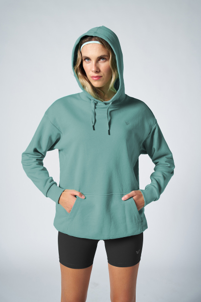 Kadın Mavi Kapüşonlu Kanguru Cepli Pamuklu Spor Düz Sweatshirt | 8785 - BİLCEE