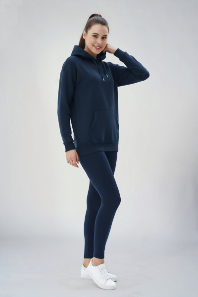 Kadın Lacivert Kapüşonlu Kanguru Cepli Pamuklu Spor Düz Sweatshirt | 8785 - BİLCEE (1)